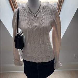 Roots Early 2000’s Cream Cable Knit Lace-Up Sweater 🤍